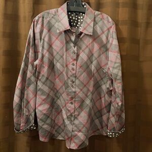 FOXCROFT Sz 18 Fitted Brown and Pinks Dot and Plaid Button Front Blouse